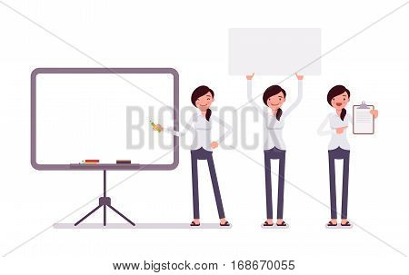 Set of young happy female clerk in formal wear, standing near empty whiteboard, holding frame, paper and poster for copyspace, presentation of information, full length, isolated, white background