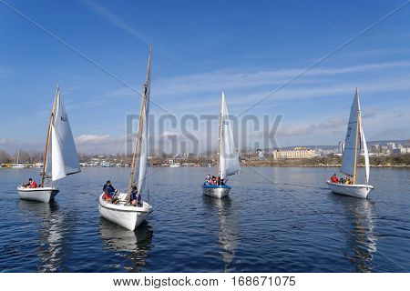 VARNA, BULGARIA - MARCH 03, 2014: Crew taking part in the national sailing boat race 