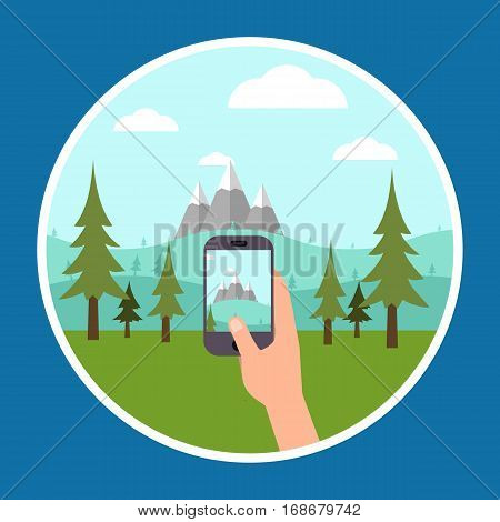 Close-up man hand taking photo of mountains with mobile cell phone. Summer outdoor vacation