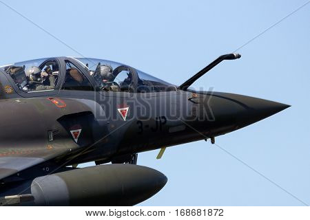 LEEUWARDEN THE NETHERLANDS - APR 21 2016: French Air Force Mirage 2000D landing during exercise Frisian Flag.