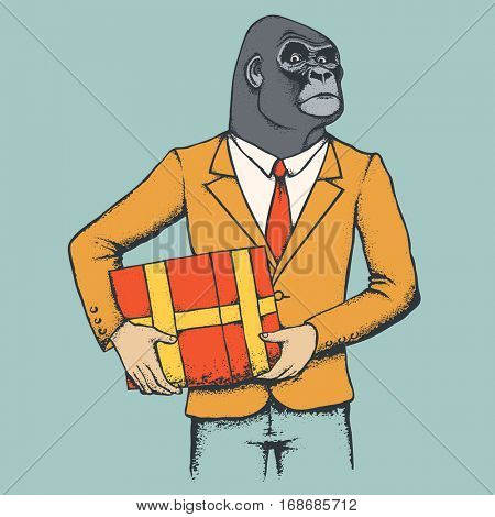 Monkey vector concept. Illustration of African gorilla in human suit. Monkey with gift