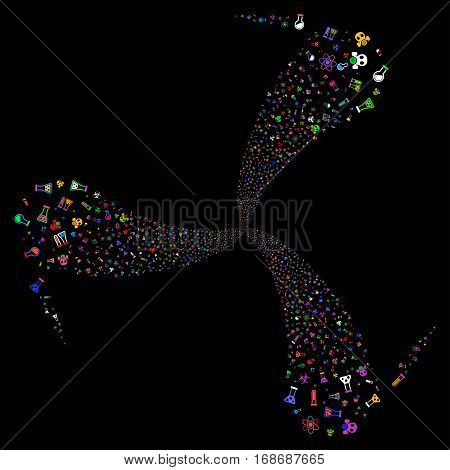 Chemistry Symbols fireworks swirl rotation. Vector illustration style is flat bright multicolored iconic symbols on a black background. Object spiral organized from random icons.