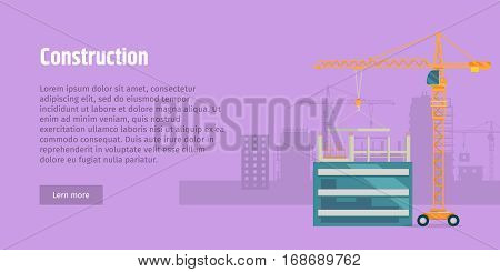 Construction. Laying big flagstone by truck crane on unfinished glass building. Yellow industrial truck on wheels. Violet background. Some houses on the background. Flat design. Vector illustration.