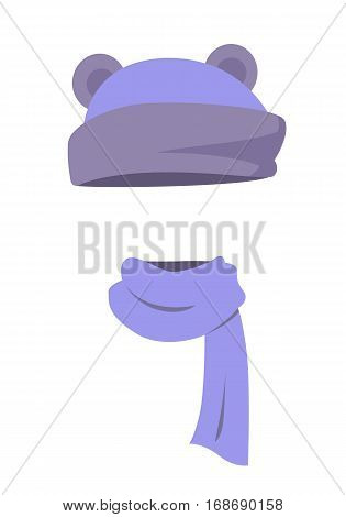 Hat. Funny violet hat with dark small ears and long silk soft scarf. Violet scarf twisted on the right. White background. Headgears for kids. Winter clothing. Flat design. Vector illustration