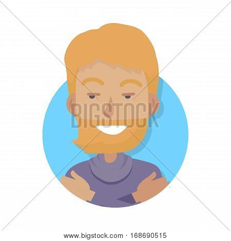 Avatar Icon. Smiling young man showing white teeth with red hair hugging himself wearing violet sweater on white background. Red mustache and long beard. Flat design. Vector illustration