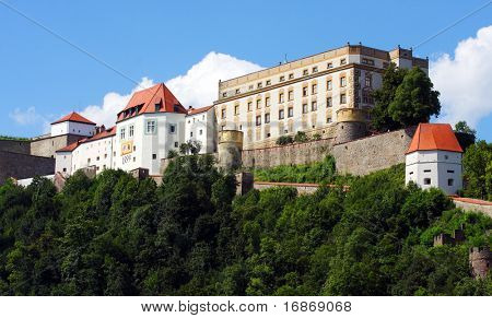 Mostra da un punto panoramico sopra il fiume Danubio un giorno piacevole estate guardando il castello storico di Pa