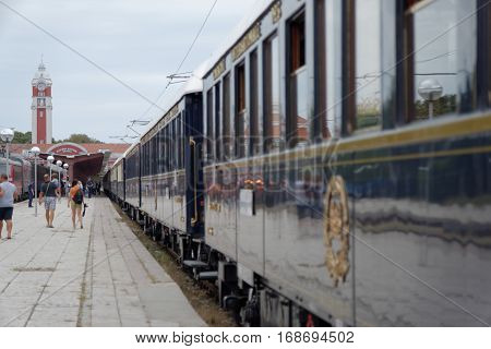 VARNA, BULGARIA - SEPTEMBER 3:The legendary Orient Express arrives at station in Varna on September 3, 2013 in Varna Bulgaria. The luxury train travels between Paris and Istanbul.
