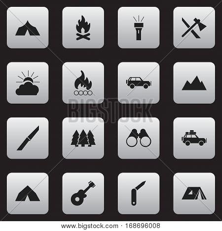 Set Of 16 Editable Camping Icons. Includes Symbols Such As Shelter, Sport Vehicle, Musical Instrument And More. Can Be Used For Web, Mobile, UI And Infographic Design.