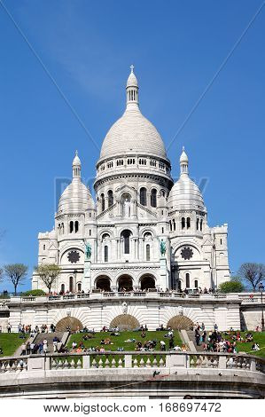 The white church Sacre-Coeur in Montmartre Paris France.