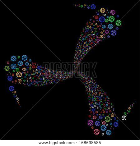 Globe fireworks swirl rotation. Vector illustration style is flat bright multicolored iconic symbols on a black background. Object spiral created from random icons.