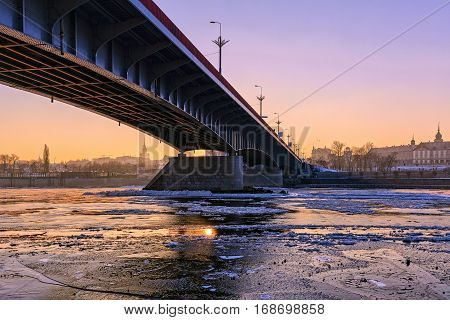Warsaw the view of the river from flowing frazil ice