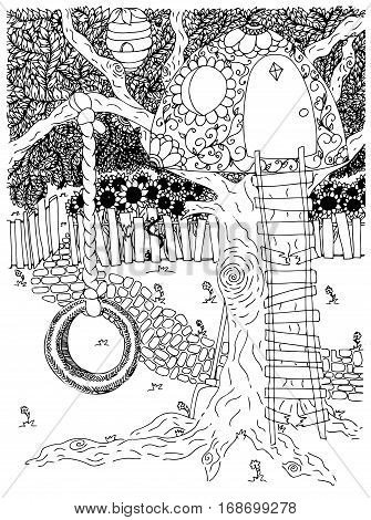 Park. outdoor. Vector illustration. Doodle drawing. Meditative exercise. Coloring book anti stress for adults. Black and white.