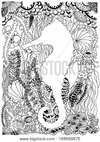 Seahorse in ocean with seaweed and fishes. Vector image in black and white.