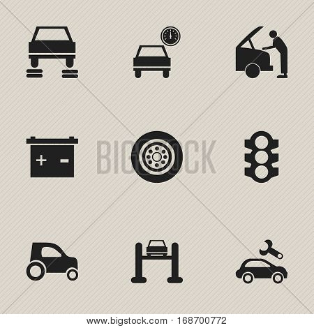 Set Of 9 Editable Vehicle Icons. Includes Symbols Such As Accumulator, Car Fixing, Automotive Fix And More. Can Be Used For Web, Mobile, UI And Infographic Design.
