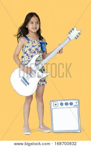 Little Girl Playing Papercraft Guitar