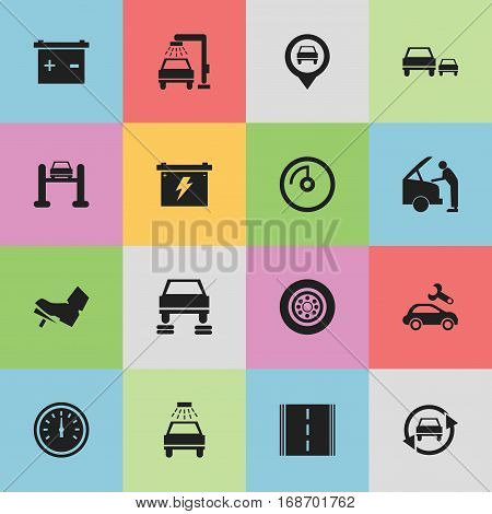 Set Of 16 Editable Transport Icons. Includes Symbols Such As Speed Control, Vehicle Wash, Tuning Auto And More. Can Be Used For Web, Mobile, UI And Infographic Design.