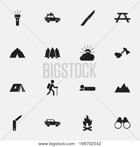 Set Of 16 Editable Camping Icons. Includes Symbols Such As Clasp-Knife, Peak, Desk And More. Can Be Used For Web, Mobile, UI And Infographic Design.
