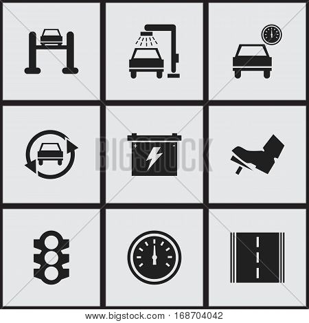 Set Of 9 Editable Transport Icons. Includes Symbols Such As Vehicle Wash, Automobile, Highway And More. Can Be Used For Web, Mobile, UI And Infographic Design.