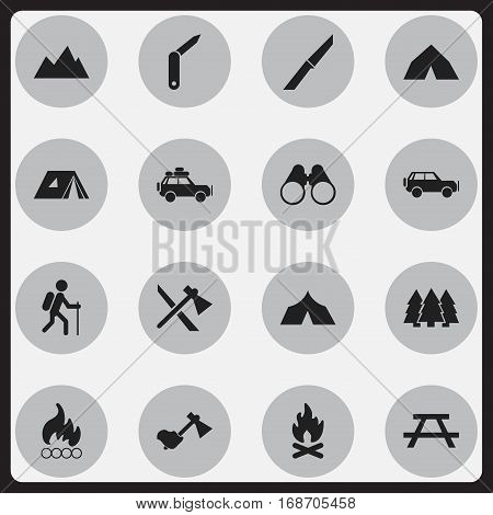 Set Of 16 Editable Travel Icons. Includes Symbols Such As Clasp-Knife, Shelter, Sport Vehicle And More. Can Be Used For Web, Mobile, UI And Infographic Design.