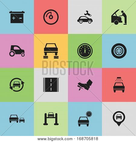 Set Of 16 Editable Car Icons. Includes Symbols Such As Pointer, Tire, Highway And More. Can Be Used For Web, Mobile, UI And Infographic Design.