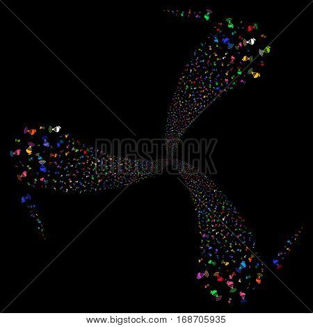 Radio Transmitter fireworks swirl rotation. Vector illustration style is flat bright multicolored iconic symbols on a black background. Object whirl organized from random icons.