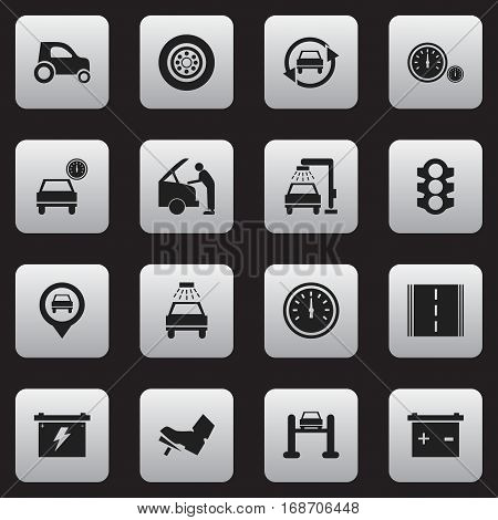 Set Of 16 Editable Traffic Icons. Includes Symbols Such As Vehicle Wash, Stoplight, Speed Control And More. Can Be Used For Web, Mobile, UI And Infographic Design.