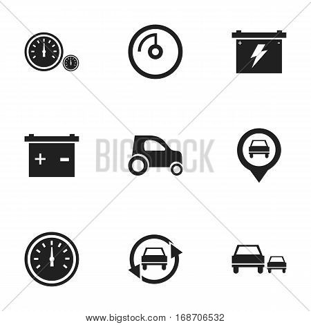 Set Of 9 Editable Traffic Icons. Includes Symbols Such As Speedometer, Vehicle Car, Accumulator And More. Can Be Used For Web, Mobile, UI And Infographic Design.