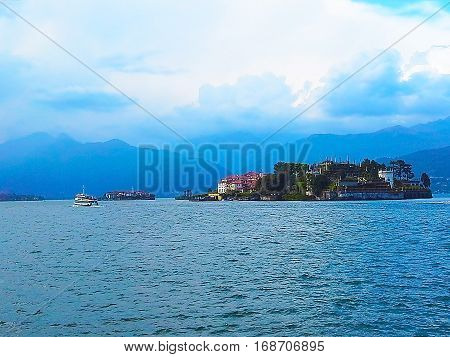 Landscape view with Isola Bella Island on Maggiore lake alps Stresa Italy