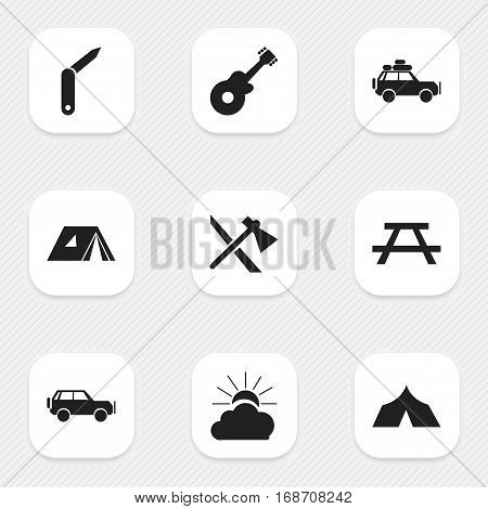 Set Of 9 Editable Travel Icons. Includes Symbols Such As Shelter, Desk, Clasp-Knife And More. Can Be Used For Web, Mobile, UI And Infographic Design.
