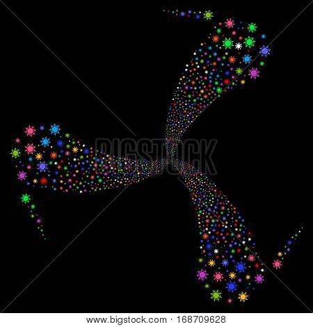 Sun fireworks swirl rotation. Vector illustration style is flat bright multicolored iconic symbols on a black background. Object whirl created from random symbols.