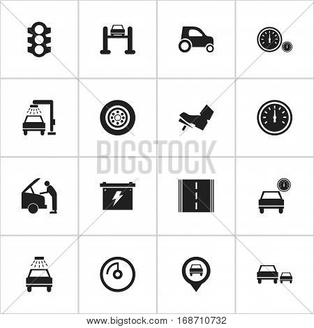 Set Of 16 Editable Transport Icons. Includes Symbols Such As Speed Display, Treadle, Vehicle Car And More. Can Be Used For Web, Mobile, UI And Infographic Design.