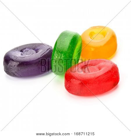 Four colorful fruit hard sugar candies,  boiled sweeties or sugar plums isolated on white background cutout.