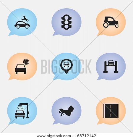 Set Of 9 Editable Transport Icons. Includes Symbols Such As Vehicle Car, Automobile, Treadle And More. Can Be Used For Web, Mobile, UI And Infographic Design.
