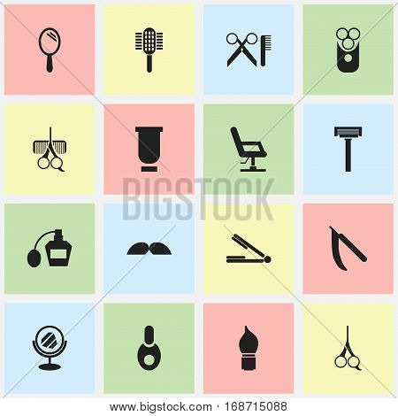 Set Of 16 Editable Barber Icons. Includes Symbols Such As Hairdresser Set, Peeper, Charger And More. Can Be Used For Web, Mobile, UI And Infographic Design.