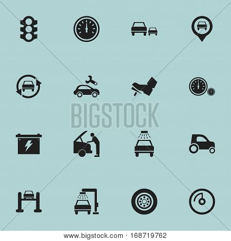 Set Of 16 Editable Traffic Icons. Includes Symbols Such As Speedometer, Race, Car Lave And More. Can Be Used For Web, Mobile, UI And Infographic Design.
