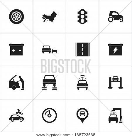 Set Of 16 Editable Vehicle Icons. Includes Symbols Such As Vehicle Wash, Treadle, Race And More. Can Be Used For Web, Mobile, UI And Infographic Design.