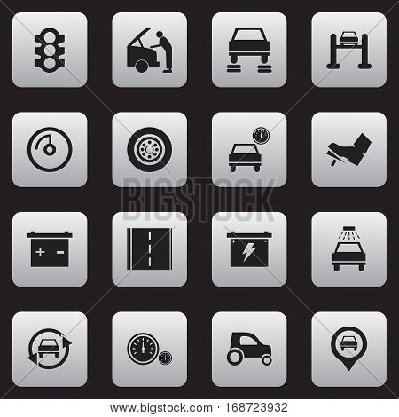 Set Of 16 Editable Car Icons. Includes Symbols Such As Automobile, Accumulator, Treadle And More. Can Be Used For Web, Mobile, UI And Infographic Design.