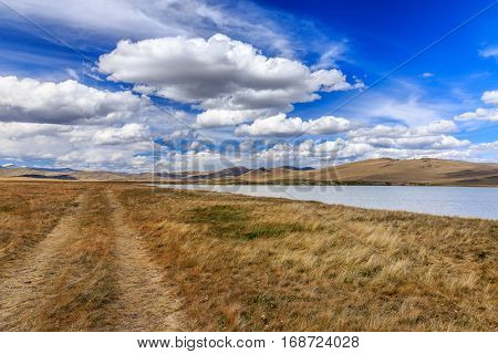 Amazing summer landscape with mountains, river and blue sky with clouds. Plateau Ukok