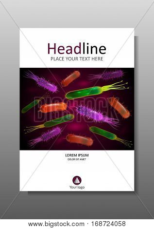 Cover design template with bacteria mix for annual report books website journals brochure magazine flyer poster presentation leaflet catalog portfolio banner academic research. Vector.