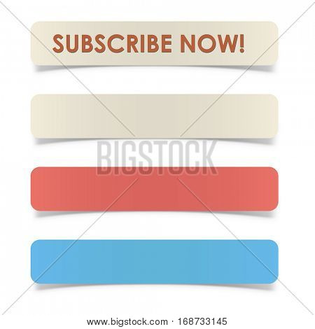 Rectangular button with rounded corners and curved paper shadow effect vector template.