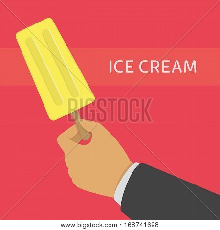 Hand holding a yellow popsicle on red background. Ice Cream bites on stick in mans hands. Vector illustration of colorful fruit juice ice cream. EPS 10.