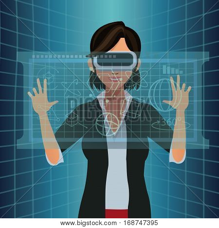 woman with vr goggles touch diagram digital vector illustration eps 10