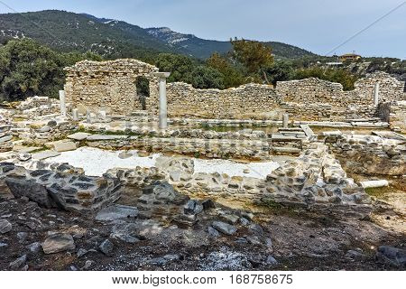 Columns in Ruins of ancient church in Archaeological site of Aliki, Thassos island,  East Macedonia and Thrace, Greece