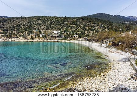 Panoramic view to village and beach of Aliki, Thassos island,  East Macedonia and Thrace, Greece