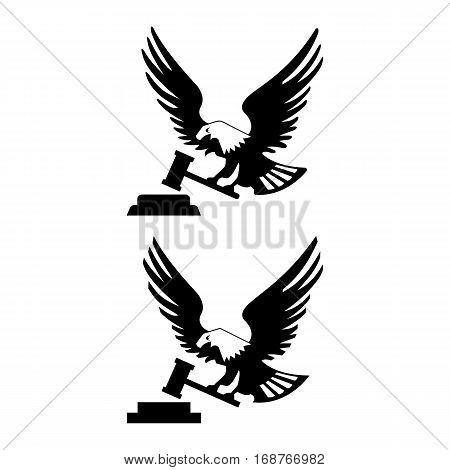 Eagle bird with hammer and anvil isolated on white backgroundicon. heraldic emblem of powerful wild falcon with stretching clutches. Symbol of eagle hawk predator for sport team mascot shield, company badge, guard service, hunting club label