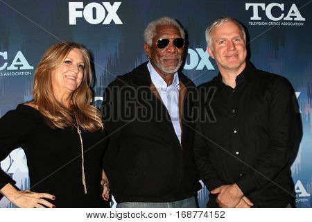 LOS ANGELES - JAN 11:  Lori McCreary, Morgan Freeman, James Younger at the FOX TV TCA Winter 2017 All-Star Party at Langham Hotel on January 11, 2017 in Pasadena, CA