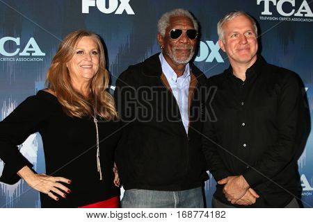 LOS ANGELES - JAN 11:  Lori McCreary, Morgan Freeman, James Younger at the FOX TV TCA Winter 2017 All-Star Party at Langham Hotel on January 11, 2017 in Pasadena, CA
