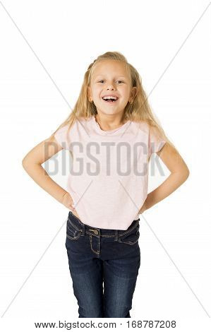 young beautiful and happy female child gesturing excited and smiling cheerful rising arms isolated on white background in school girl success and self confidence
