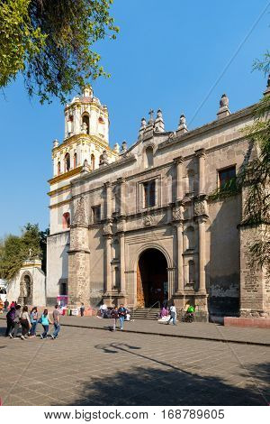 MEXICO CITY,MEXICO - DECEMBER 25,2016 : The Coyoacan Cathedral at the colonial Coyoacan neighborhood in Mexico City