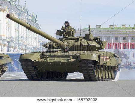 SAINT PETERSBURG, RUSSIA - MAY 05, 2015: T-90 tank on parade rehearsal in honor of Victory Day